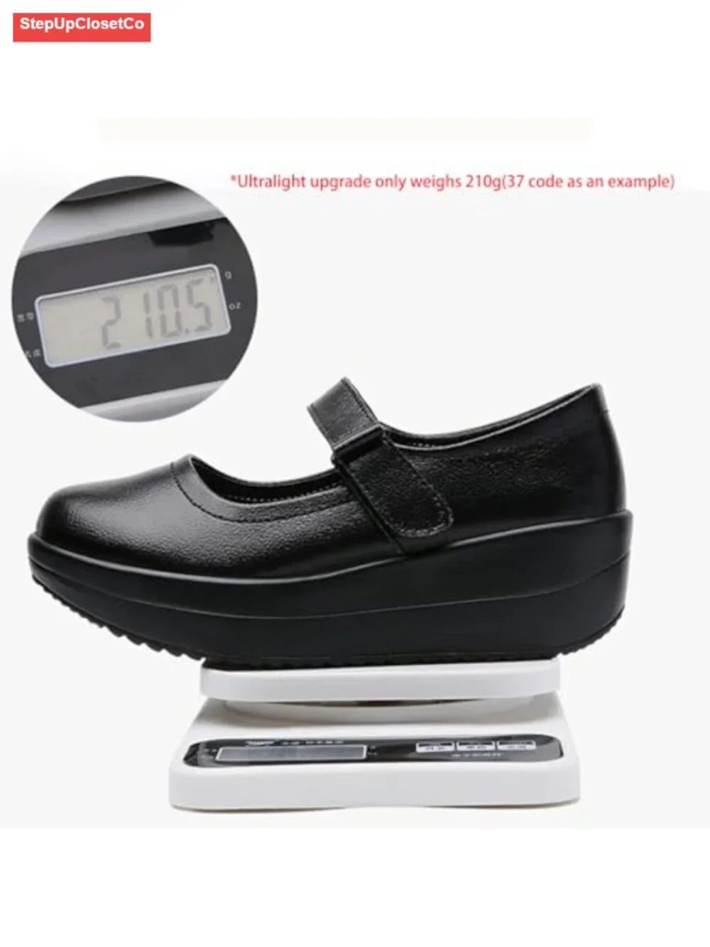 Platform Wedge Mary Jane Shoes - Faux Leather Round Toe Ankle Strap Wide Width